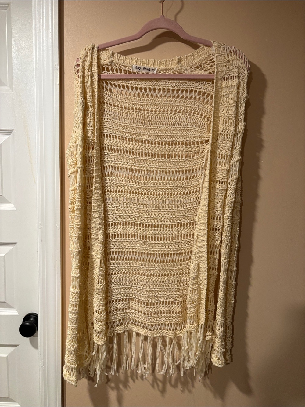 Crochet Open-Front Fringe Cardigan in Cream